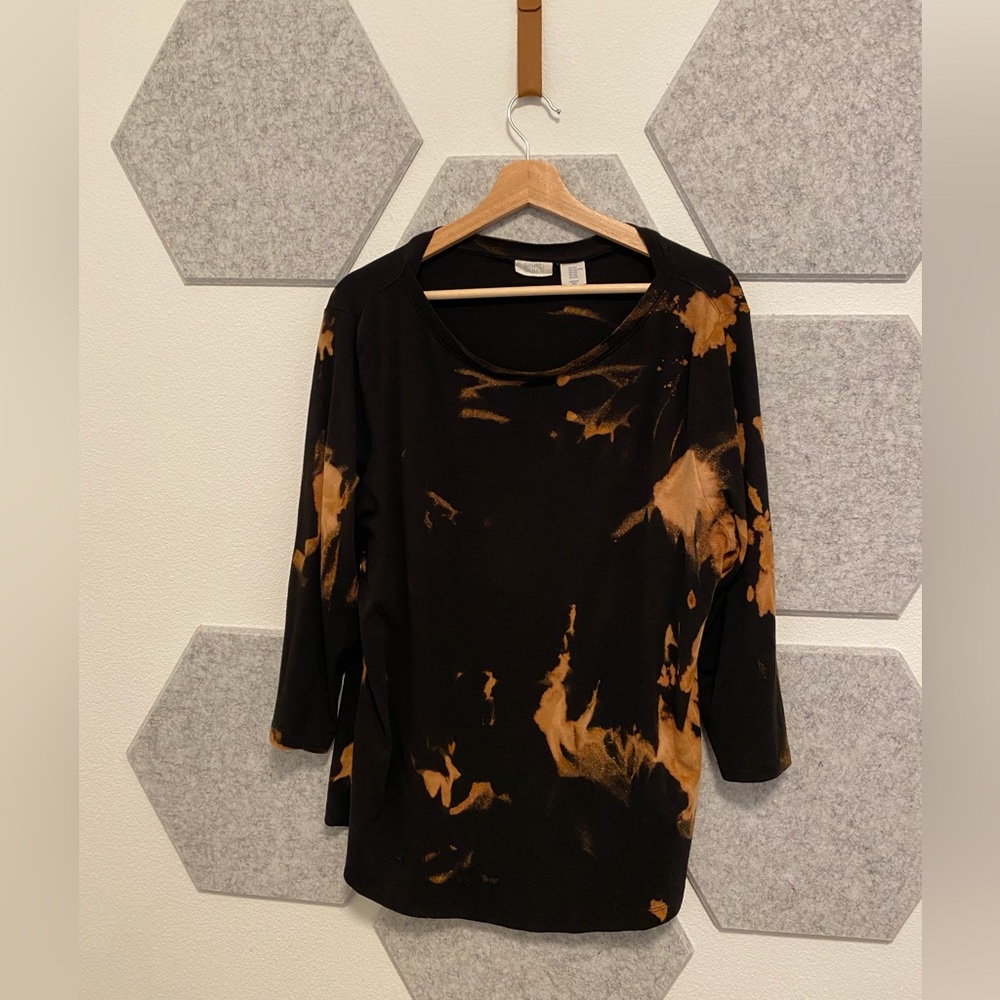 XXL Sigrid Olsen Black Bleached Tie Dyed Quarter Sleeve Shirt Orange